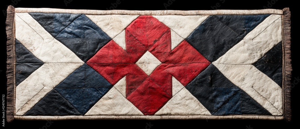 A geometric pattern of red, white, and blue triangles on a beige background. A geometric pattern of red, white, and blue triangles on a beige background.