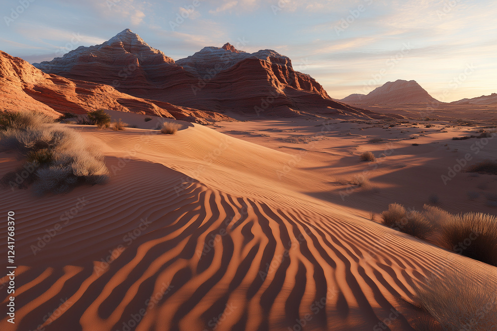 Naklejka premium A vast desert landscape with towering red rock formations glowing under the warm light of the setting sun. The sand dunes cast long shadows, and sparse vegetation.