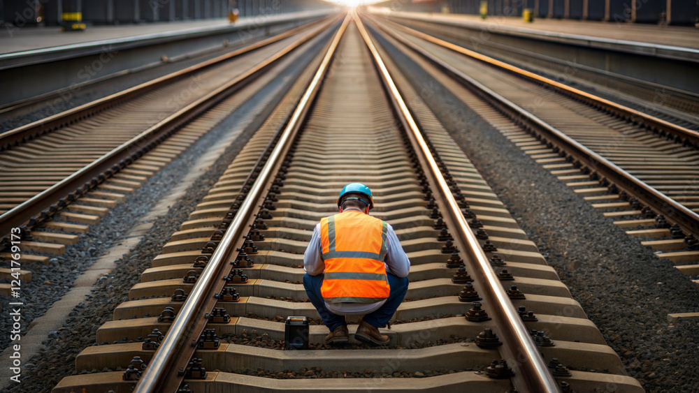 Naklejka premium Railway engineer inspects train track position in urban environment at sunset