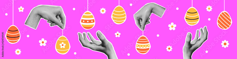 Vector halftone hands hold easter eggs. Easter springtime celebration banner with hands holding eggs. Easter modern art with halftone effect.