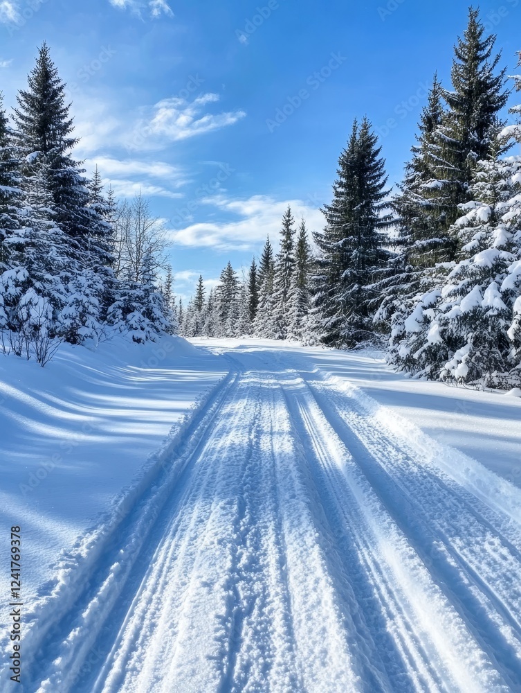 Fototapeta premium Snowy Forest Path Winter Wonderland - Serene winter scene of a snow covered path winding through a snowy evergreen forest under a bright blue sky.