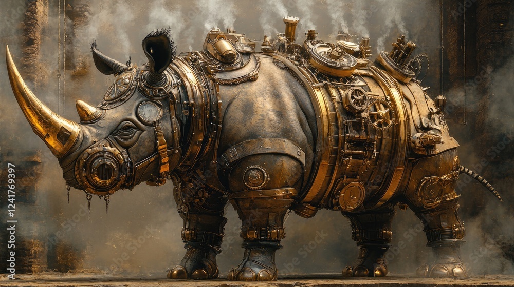 Fototapeta premium Steampunk Rhino Industrial Ruin Smoke Fantasy Artwork