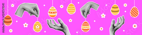 Vector halftone hands hold easter eggs. Easter springtime celebration banner with hands holding eggs. Easter modern art with halftone effect.