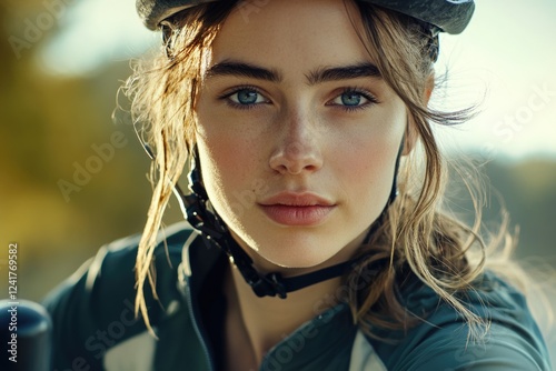 A woman wearing a helmet looks directly at the camera photo