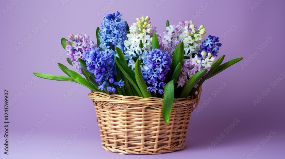 Fototapeta premium A wicker basket with lush hyacinths. Bright flowers are a gift for March 8th. A postcard for the women's holiday.