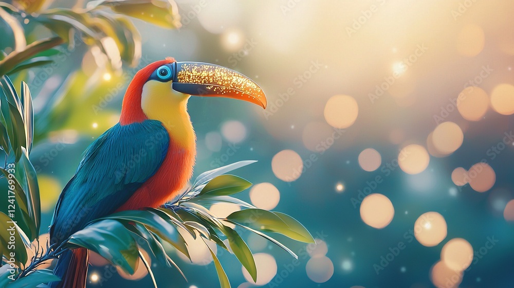 Fototapeta premium A colorful bird perched on a leafy branch in front of a blurry background
