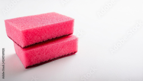 Pink kitchen sponges for dishwashing on white background. Foam scrubber. Dish cleaning sponge