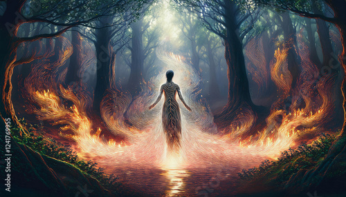 In a mystical forest clearing, an elemental spirit stands at the center, seemingly glowing with intricate patterns resembling fiery and fluid energy streams