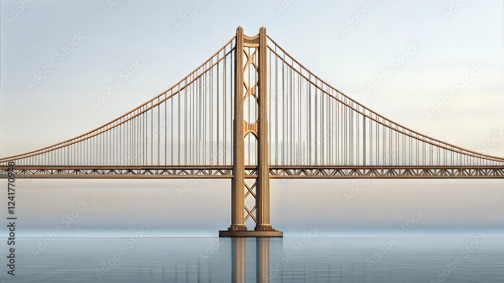 Suspension bridge structure coastal location architectural image tranquil waters wide angle view Suspension bridge structure coastal location architectural image tranquil waters wide angle view