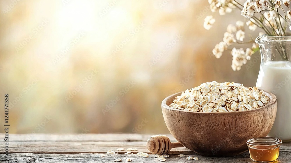 A bowl of oatmeal beside a glass of honey and an oatmeal jar A bowl of oatmeal beside a glass of honey and an oatmeal jar
