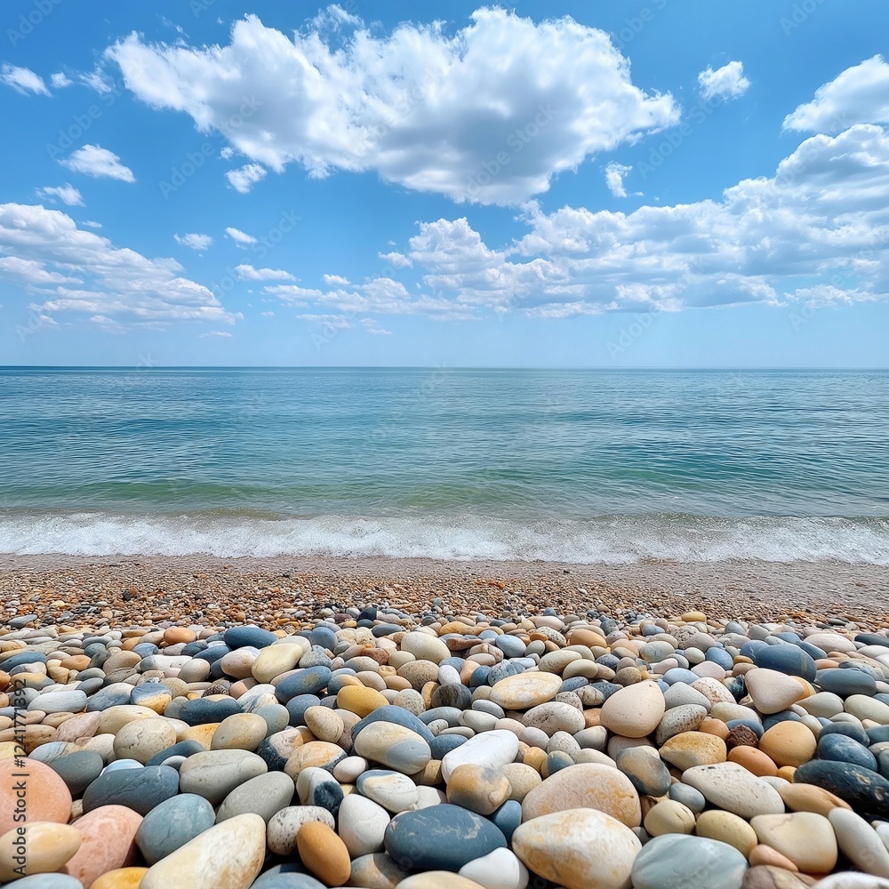 Serene pebble beach with blue sky and gently rolling waves Serene pebble beach with blue sky and gently rolling waves