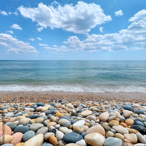 Serene pebble beach with blue sky and gently rolling waves