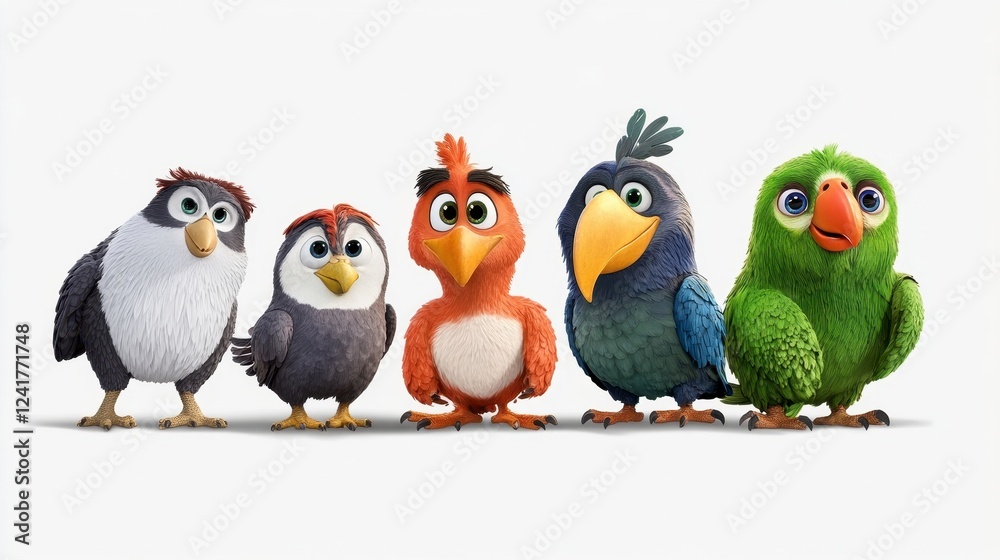 Fototapeta premium Colorful Cartoon Birds Standing Together on White Background