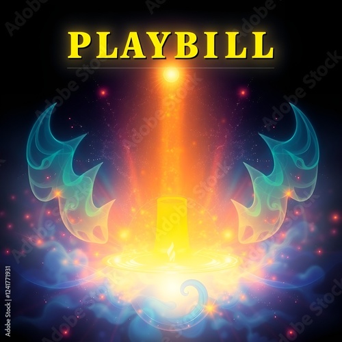 Vibrant classic playbill design featuring magical lighting effects and a theatrical backdrop photo