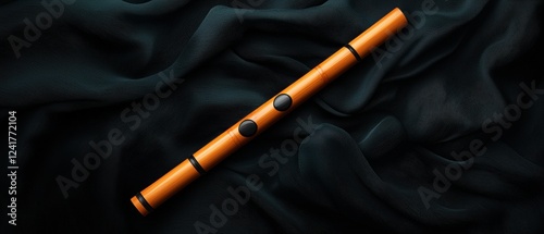 A wooden flute with black dots on the body rests on a black fabric.