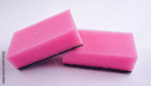 Pink kitchen sponges for dishwashing on white background. Foam scrubber. Dish cleaning sponge