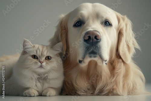 A Golden Retriever and a cat recline on a white backdrop, leaving ample room for product placement or advertising text