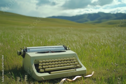 Vintage typewriter in scenic green meadow landscape
