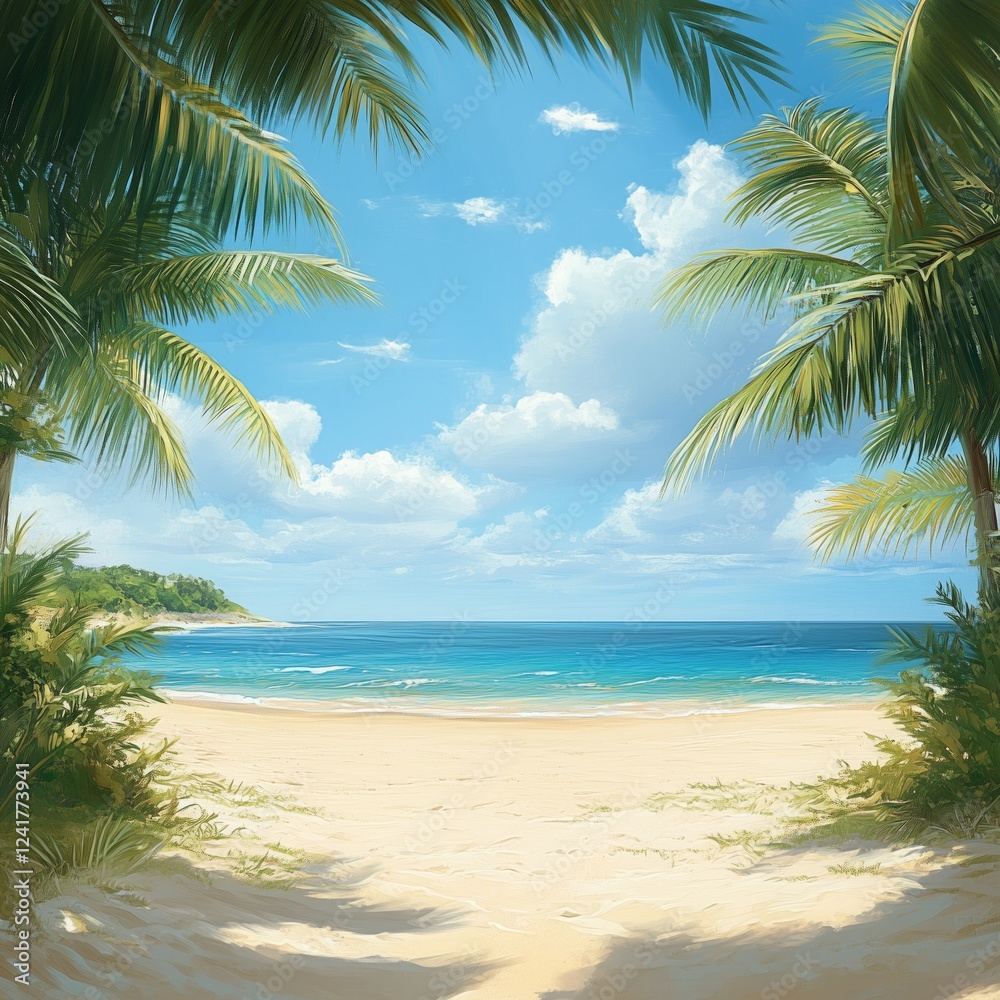 Obraz premium Tranquil tropical beach with palms and clear blue sky