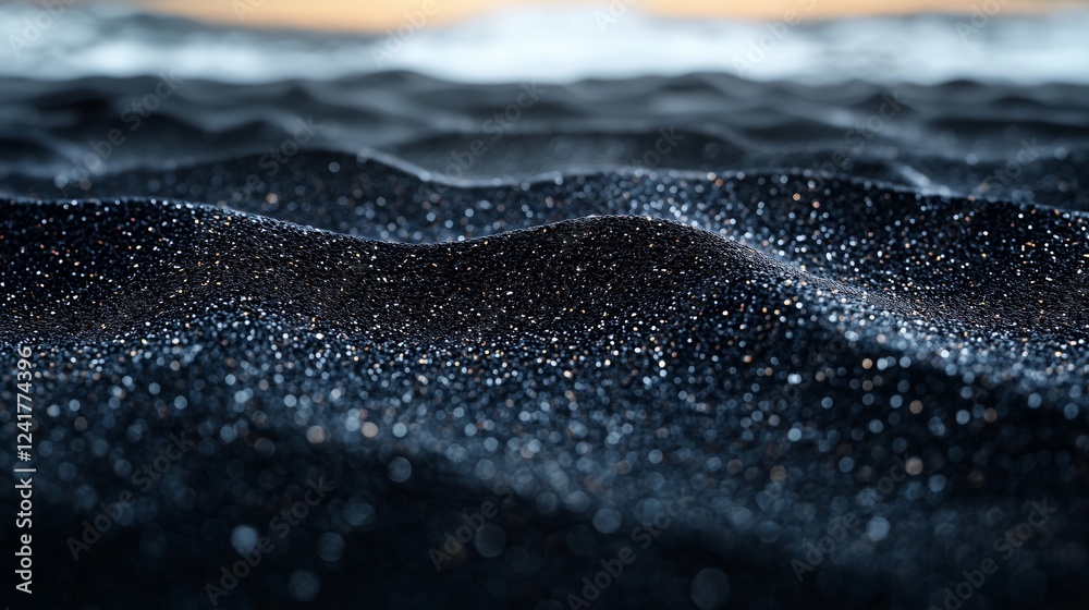 Glittering black sand dunes at dusk with soft light reflections Glittering black sand dunes at dusk with soft light reflections