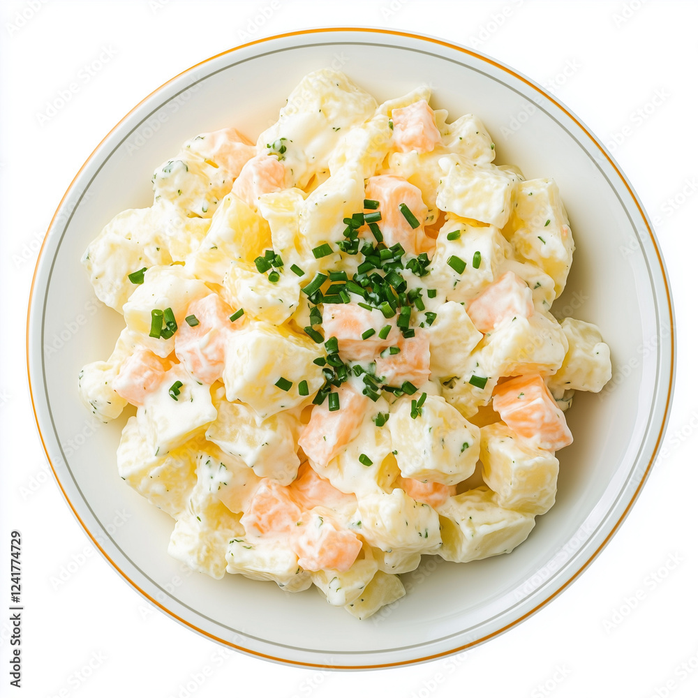 Plate of Potato Salad, Melamine Plate, top view, stock photo, isolated on white, food photo Plate of Potato Salad, Melamine Plate, top view, stock photo, isolated on white, food photo