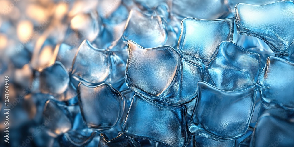 Detailed close-up of ice cubes in various shapes and textures creating a refreshing aesthetic Detailed close-up of ice cubes in various shapes and textures creating a refreshing aesthetic