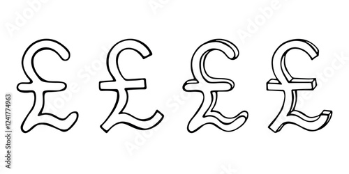 Hand drawn british pound currency symbol set Brush stroke doodle Single element for design