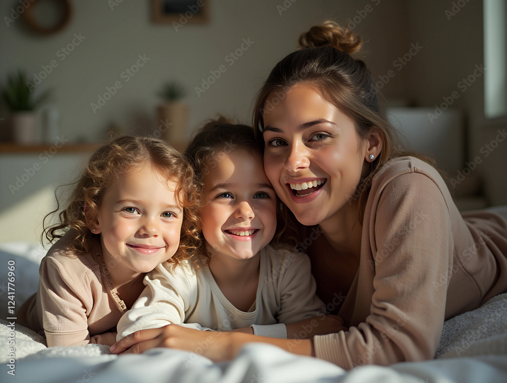 Two young girls smiling with their mother in a cozy, sunlit room while enjoying a relaxed moment together on a soft bed