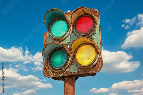 On the roadside, a solitary vibrant three-color traffic light shines with its red, yellow, and green lenses glowing in the clear blue sky, adorned with some puffy white clouds photo