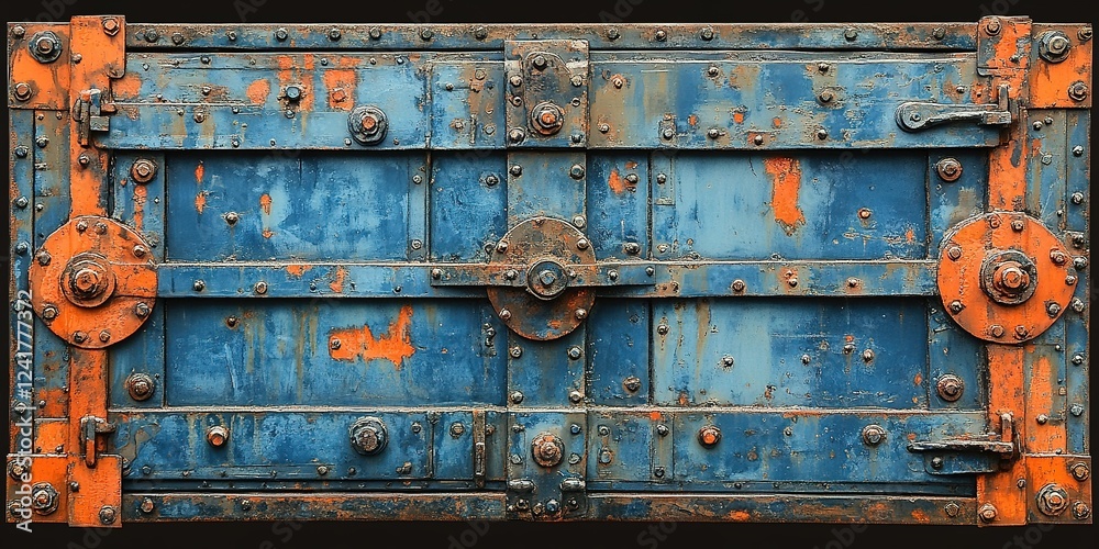 Historical metal door with vibrant blue and orange hues showcasing weathered textures and intricate details Historical metal door with vibrant blue and orange hues showcasing weathered textures and intricate details
