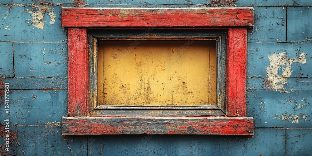 Naklejka premium Vibrant wooden window frame against a weathered blue wall with rustic charm