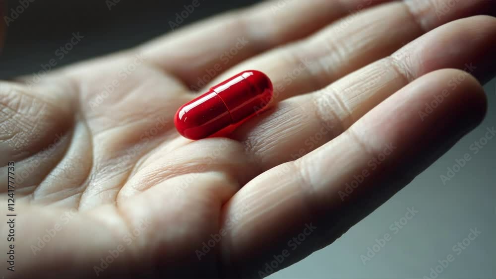 Red Capsule in Hand on Soft Focus Background for Medical Concept Red Capsule in Hand on Soft Focus Background for Medical Concept