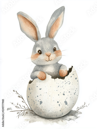 Easter postcard. A gray, funny vintage bunny is breaking out of a speckled egg. Illustration for the holiday. Vertical frame.