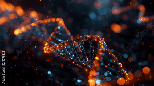 DNA helix glowing with multicolored particles in a dark background. Concept of genetics and biotechnology. For science presentations or educational content.