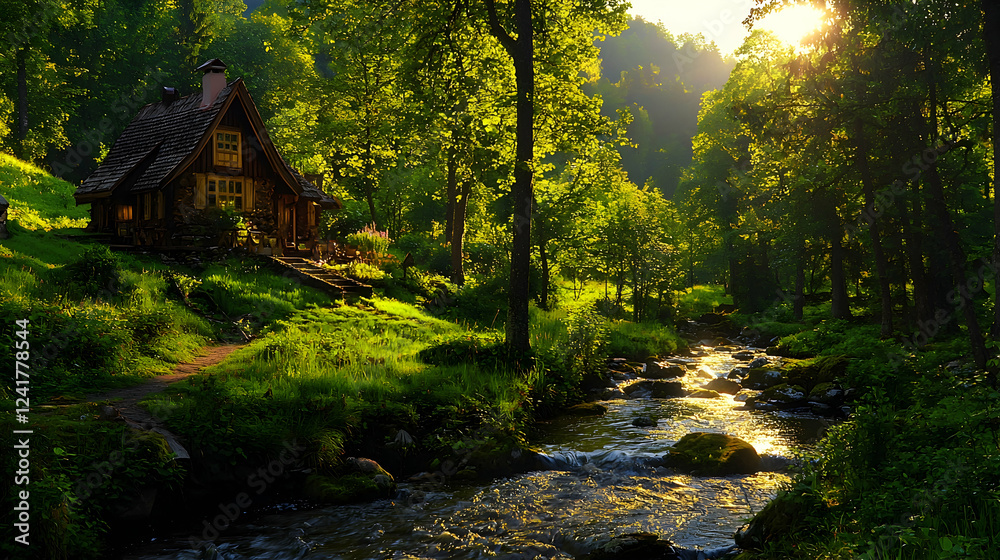 Secluded cabin by mountain stream at sunset Secluded cabin by mountain stream at sunset