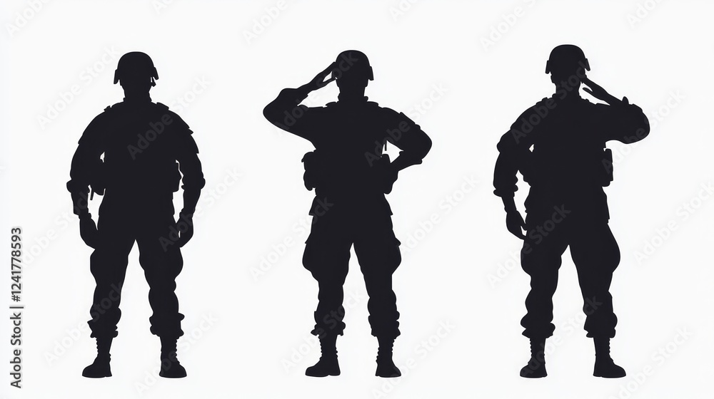 Naklejka premium Three Soldiers Silhouette - Military, honor, duty, service, patriotism. Silhouetted soldiers against a white background represent strength and dedication.