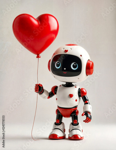 Robot holding a red heart balloon. The robot is smiling and he is happy. Concept of joy and playfulness