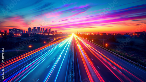 Highway with colorful light trails from vehicles under a vibrant sunset sky near a city. Concept of speed and urban life. For background use or digital art.