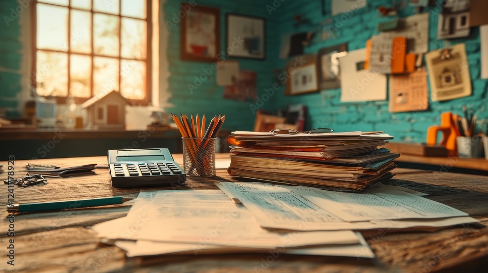 A tidy desk holds neatly stacked financial documents and binders, with a calculator and pen close by, ready for the mortgage loan approval decision