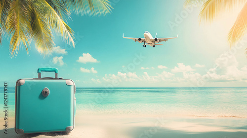 Fototapeta Naklejka Na Ścianę i Meble -  A turquoise suitcase on a tropical beach with palm trees, as a plane flies overhead, symbolizing vacation, relaxation, and the anticipation of travel to a sunny paradise.