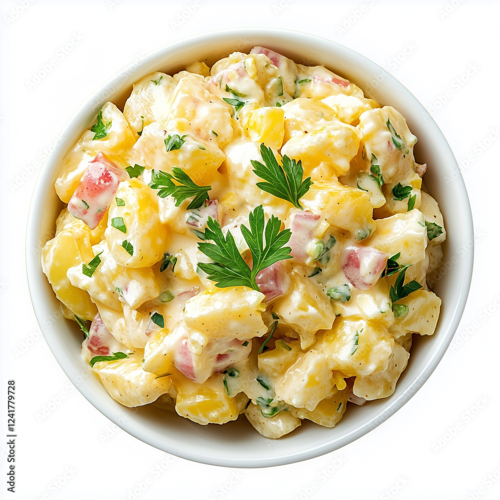 Bowl of Potato Salad, Mixing Or Serving Bowl Style, top view, stock photo, isolated on white, food photography Bowl of Potato Salad, Mixing Or Serving Bowl Style, top view, stock photo, isolated on white, food photography