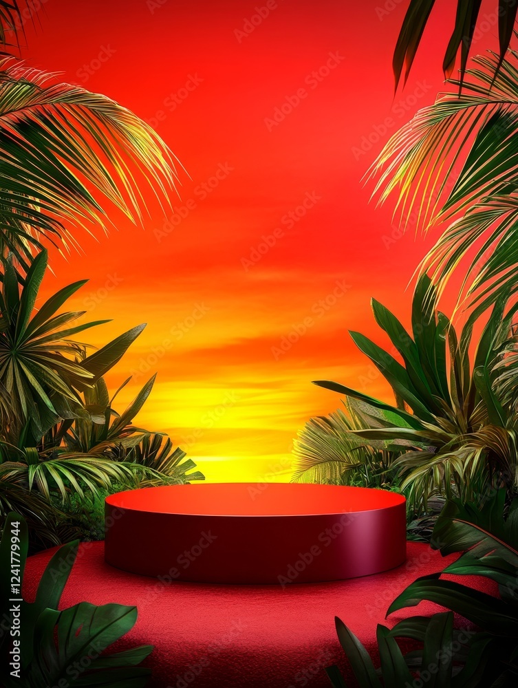 Tropical Sunset Display Platform - Red cylindrical platform set against a vibrant sunset backdrop, surrounded by lush tropical foliage. Ideal for product displays or presentations. Tropical Sunset Display Platform - Red cylindrical platform set against a vibrant sunset backdrop, surrounded by lush tropical foliage. Ideal for product displays or presentations.
