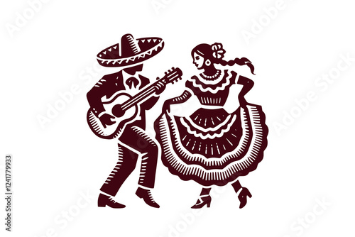 Minimalist icon of dancing Mexican couple, black vintage logo style