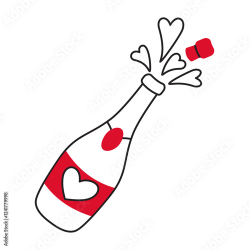 Champagne bottle with cork and splashes doodle style Hand drawn flat style love isolated icon Romantic symbol of love for design poster tattoo Valentines Day card line art Vector illustration