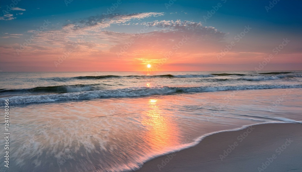 serene sunset over the sea with small waves on the sandy beach