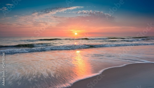 Obraz na płótnie serene sunset over the sea with small waves on the sandy beach w salonie