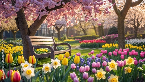 Wooden bench under cherry blossoms in a colorful spring garden