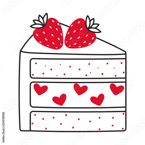 Slice of cake with strawberries. doodle style Hand drawn trendy flat style love isolated icon Romantic symbol of love for graphic design poster tattoo Valentines Day card line art Vector illustration