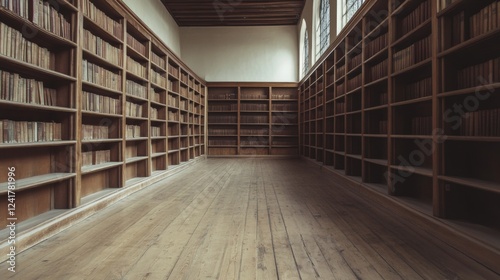 Empty wooden library, old bookshelves, wooden floor, education background, study space