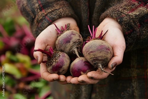 Freshly Harvested Organic Beetroots Red Root Vegetables Farmer Hands Holding Healthy Food Autumn Harvest Garden Produce Natural Food Photography Delicious Beetroot soil crop diet dark leaf plant rural photo